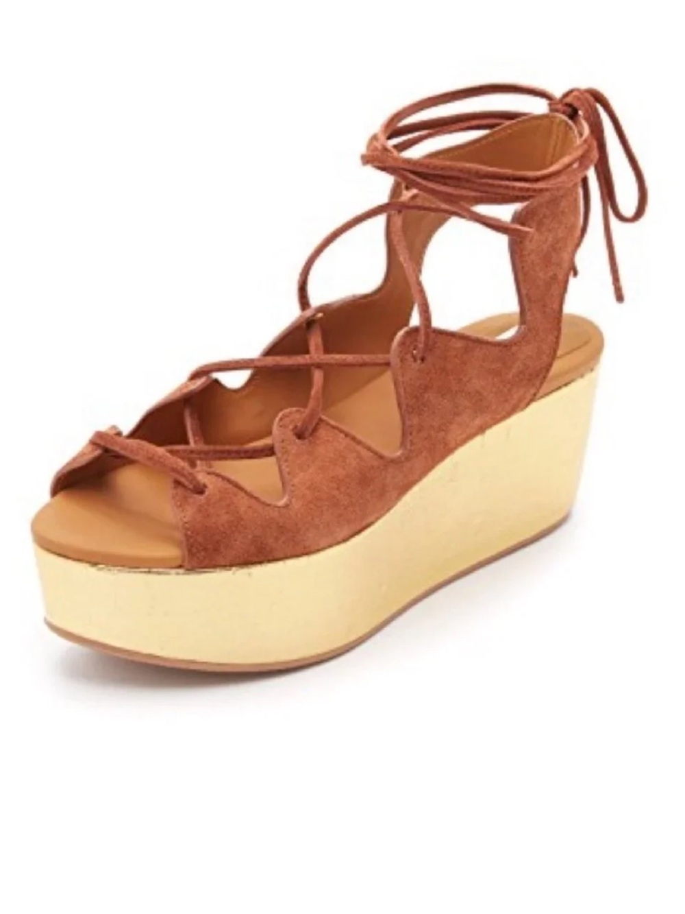 See By Chloe gold & camel suede lace up platform sandals - size 7 - Like NEW!